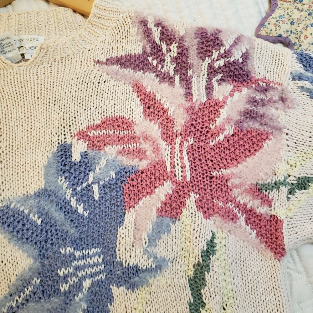 Hand Knit Mohair Linen Cotton Ramie Jennifer Reed L Floral Pink Sweater - Picture 3 of 8